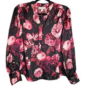 Floral Ryegrass Black & Red Long Sleeve Button Blouse Women’S Size S